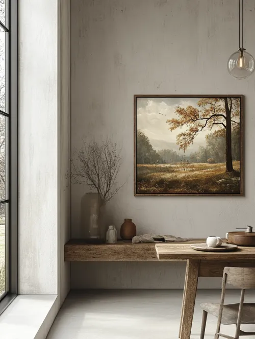 Painting of an autumn landscape on the wall of a modern kitchen
