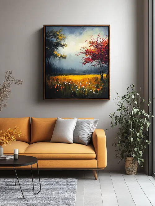Painting of an autumn landscape with bright colors in an interior