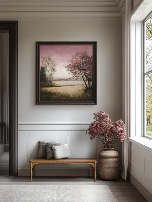 Interior with Painting, Red Flowers, and Wooden Bench