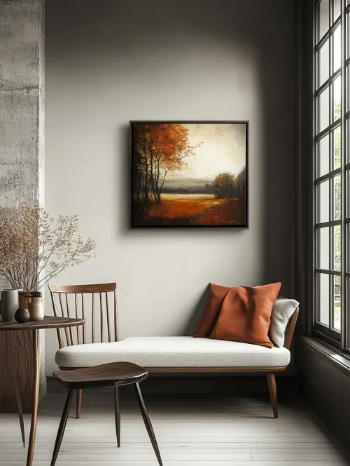 Landscape painting with autumn trees in a modern interior