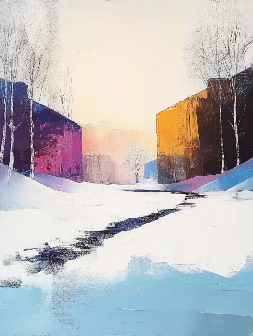 Winter landscape with a frozen river and vibrant colorful walls
