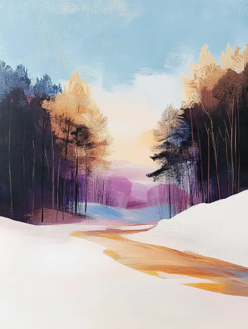 Winter landscape with rivers and winter trees at sunset