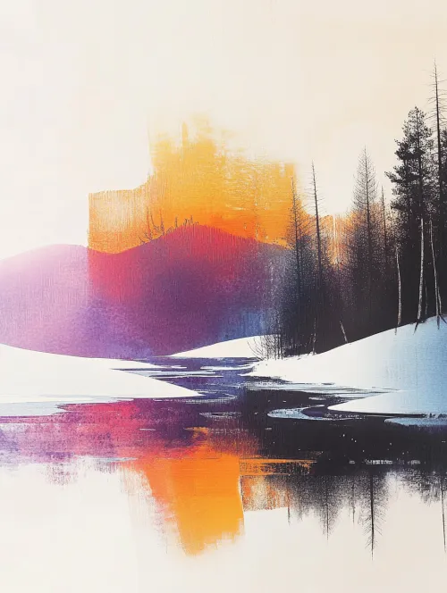 Abstract landscape with mountains and river against the backdrop of sunset
