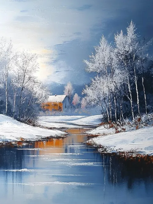  peaceful winter landscape with a river, a house, and snow-covered trees