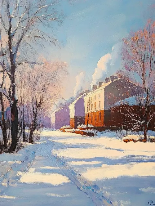Snowy Urban Landscape with Black Trees and Buildings Against a Clear Sky