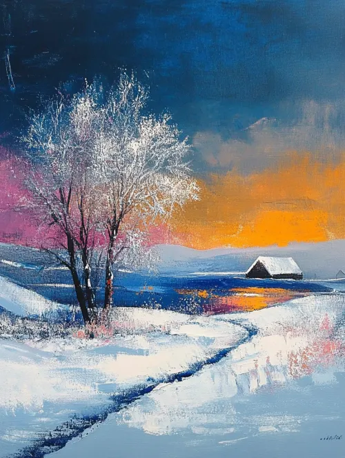 Winter landscape with snow-covered trees and a bright sunset
