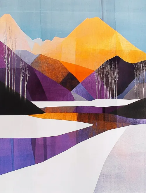 Abstract Mountain Landscape with Bright Colors and a River