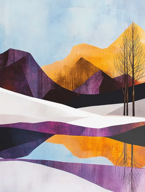 Abstract painting with mountains, water, and winter trees