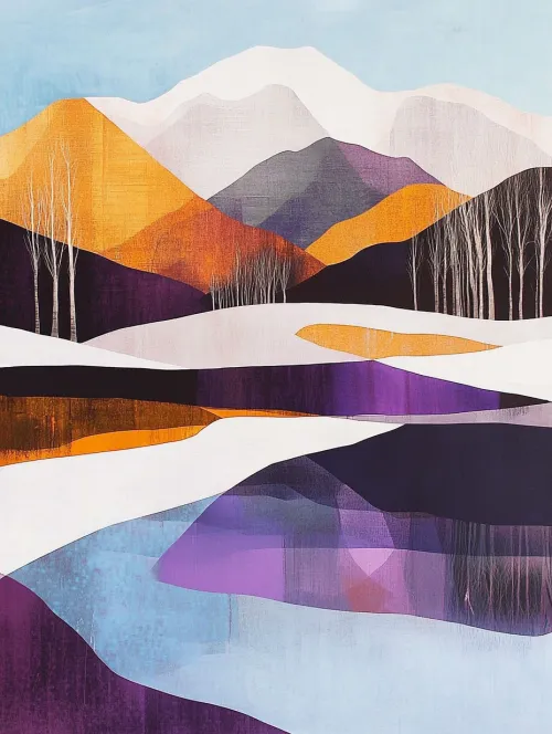 Illustration of a winter landscape featuring mountains, a river, and trees