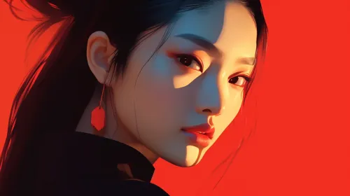 Deep gaze of a girl with flowing hair on a vibrant background