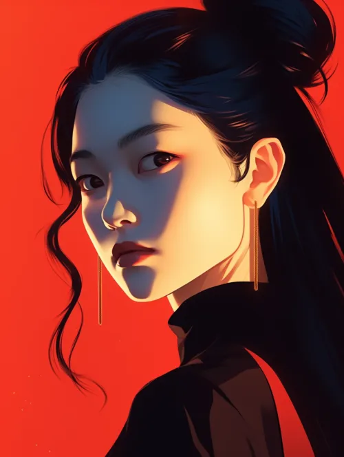 Image of a girl with long black hair and earrings against a vibrant red backdrop