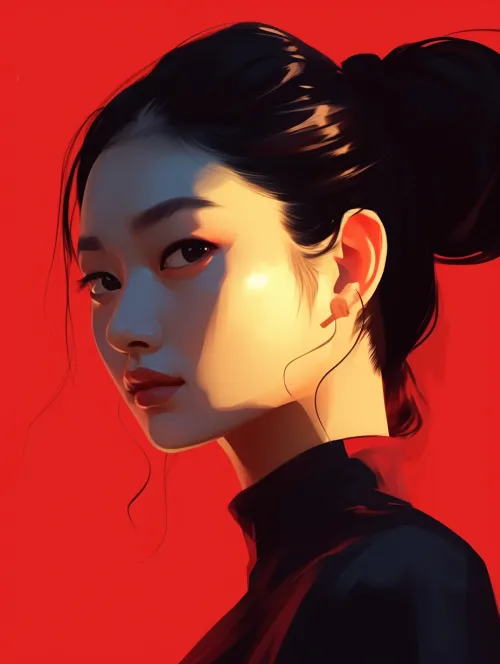 Retrato estilizado de una mujer con cabello oscuro y fondo rojo