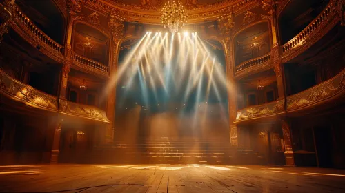 Escenario teatral con brillantes rayos de luz en un lujoso interior