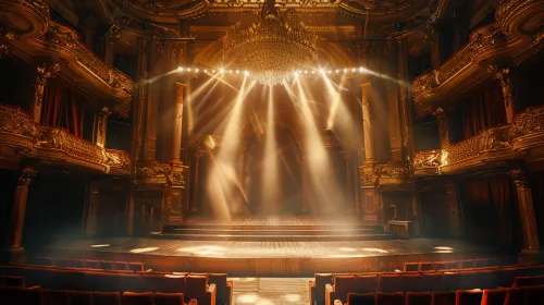 Interior del teatro con decoración dorada y efectos de luz