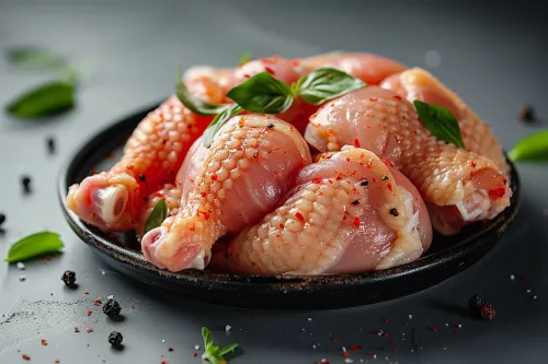 Здоровые куриные ножки, украшенные зеленью и специями