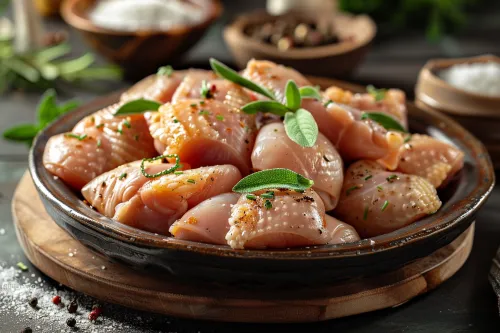 Pechugas de pollo adornadas con hierbas y especias en un plato hondo