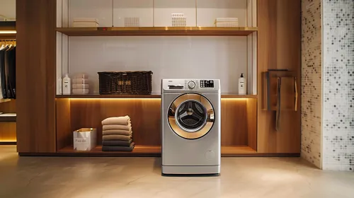 Washing machine in a stylish room with shelves and lighting