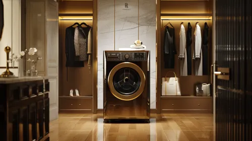 Washing machine in an elegant wardrobe with clothing and accessories