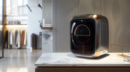 Lavadora inteligente con un diseño elegante en el fondo de la cocina