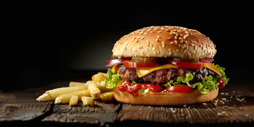 Большой бургер с овощами и картофелем фри на деревянной поверхности