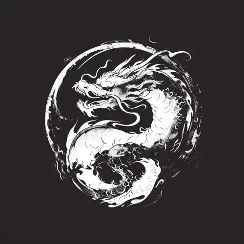 Black and white illustration of a dragon in a circle on a black background