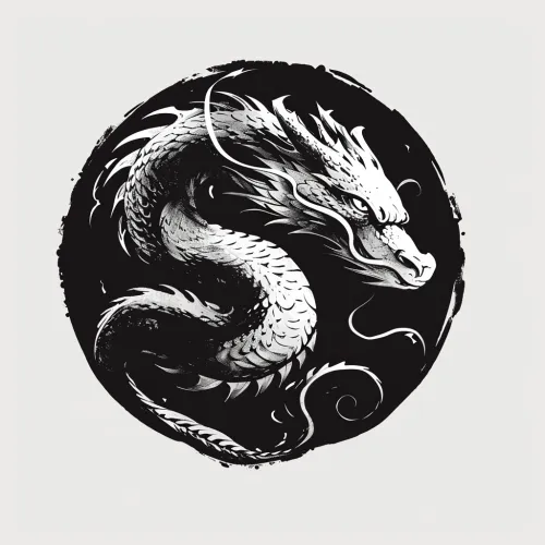 Imagen elegante de un dragón en una paleta en blanco y negro en un contorno circular