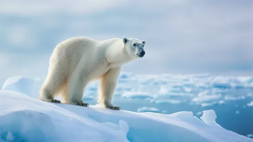 Imponente oso blanco de pie sobre un témpano en un paisaje ártico