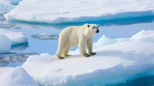Oso polar de pie sobre el hielo en un paisaje ártico con agua azul