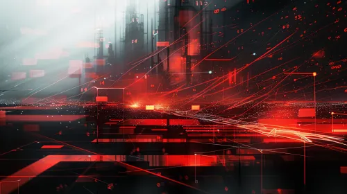 Modern Abstract Image with Red Colors and Digital Elements