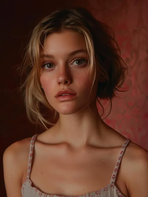 Close-up of a young woman's face with soft lighting and delicate features