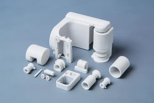 Elements of a white plastic device scattered against a background