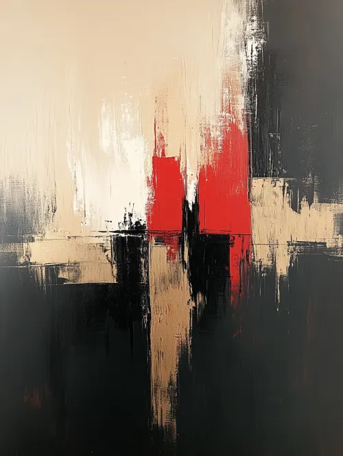 Modern abstraction with black, beige, and red colors on canvas
