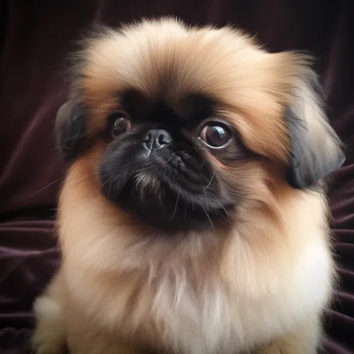 Pekinés de pelaje esponjoso posando sobre terciopelo oscuro