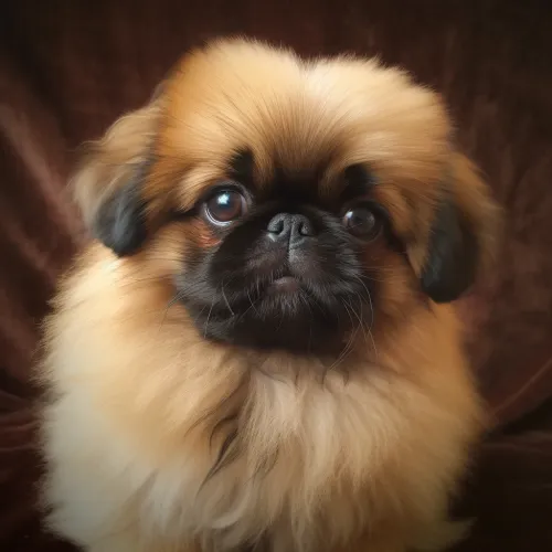 Pekinés con ojos expresivos y pelaje esponjoso sobre un fondo de tela marrón