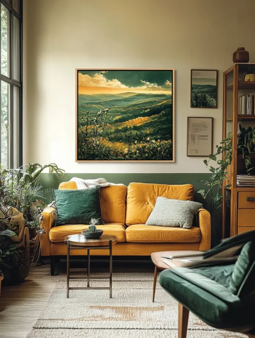Interieur de habitación con sofá naranja y cuadros de naturaleza en la pared