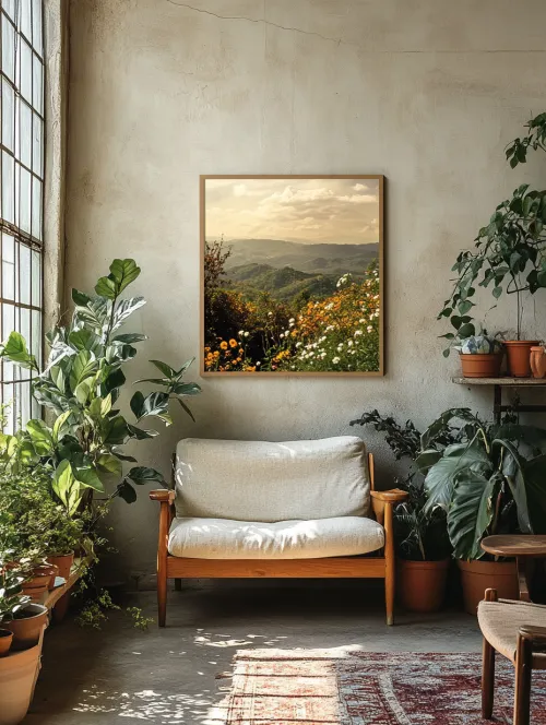 Room with a Soft Sofa and Flower Landscape Paintings on the Wall