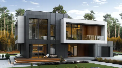 Aesthetic modern house among natural surroundings with green trees