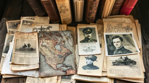 Архивные фотографии и карта на фоне старинных книг