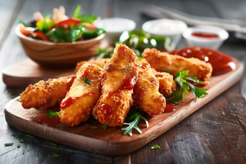 Аппетитные куриные полоски с соусом на деревянной тарелке
