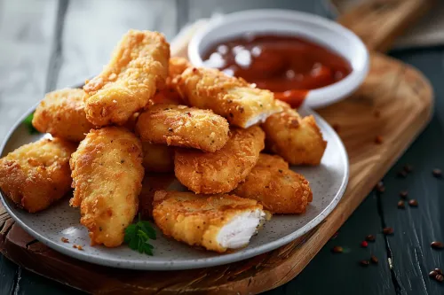 Porción de nuggets de pollo fritos en un plato con salsa