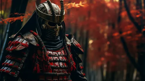 Samurai in Armor with Detailed Helmet Among Autumn Trees