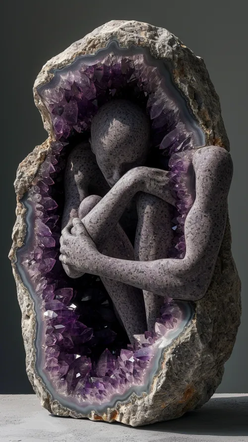Figure of a person hugging their knees inside agate with purple crystals