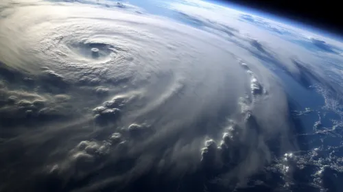 Huracán atmosférico visible desde la altura, nubes y ciclón