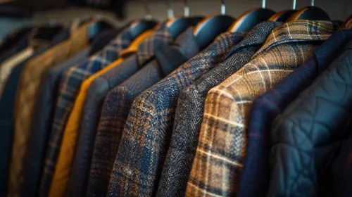 A row of jackets in various colors and textures on hangers in a store