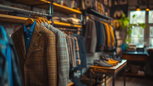 Interior of a store with stylish men's suits and accessories