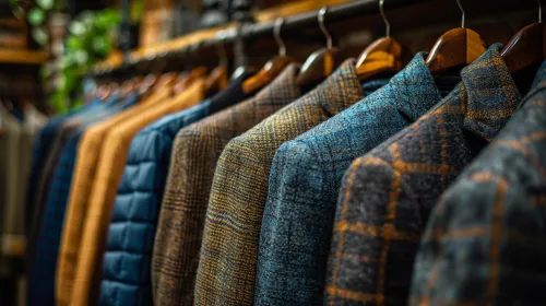 Variedad de chaquetas de diferentes telas y colores en percheros