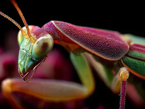 Close-up of a colorful praying mantis showcasing details of its anatomy