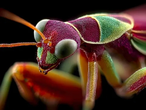 Primer plano de un insecto de colores brillantes con detalles en las texturas