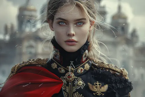 Изображение женщины с золотыми украшениями и красным плащом на фоне исторического здания