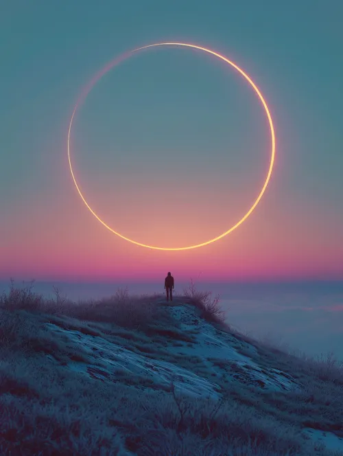 Silhouette of a person with a mysterious glowing ring above their head during sunset